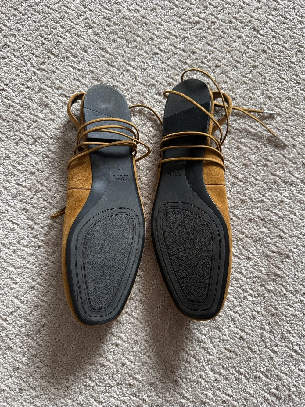 Zara Women's Suede Lace-Up Flats in Mustard Brown